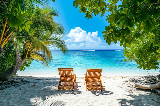 Фото Два стула сидят на песчаном пляже с голубым океаном на заднем плане