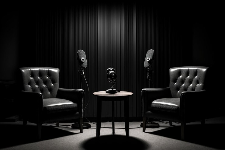 Two chairs are sitting on a table with a microphone on it.