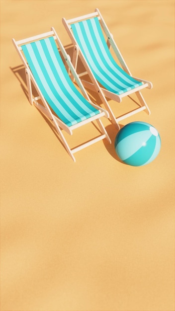 Two chairs next to beach ball in the summer sun vacation theme 3d illustration