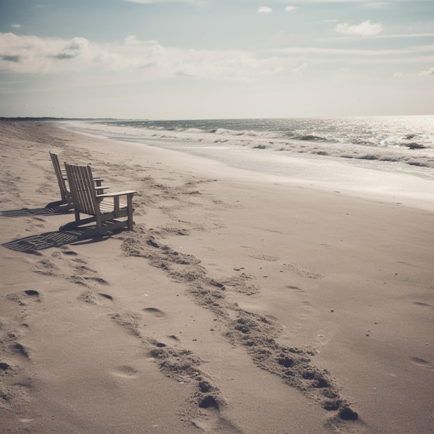 Two chairs on a beach with the ocean in the background.