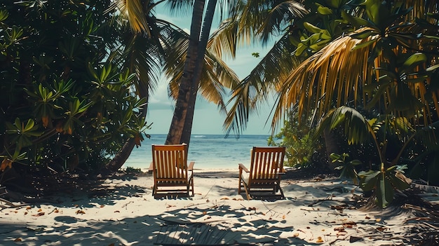 two chairs on a beach with palm trees in the background