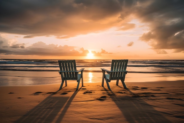 Two chairs on a beach with the sun setting behind them