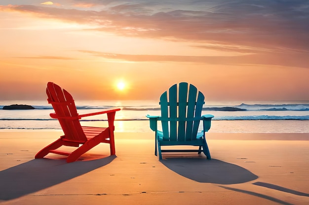 後ろに夕日が沈むビーチにある 2 つの椅子