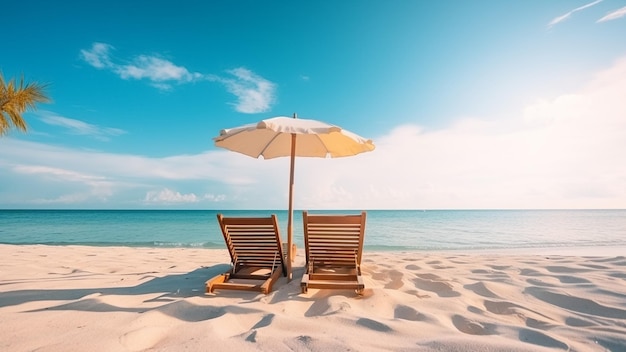 Two chairs on a beach with an umbrella on the beach