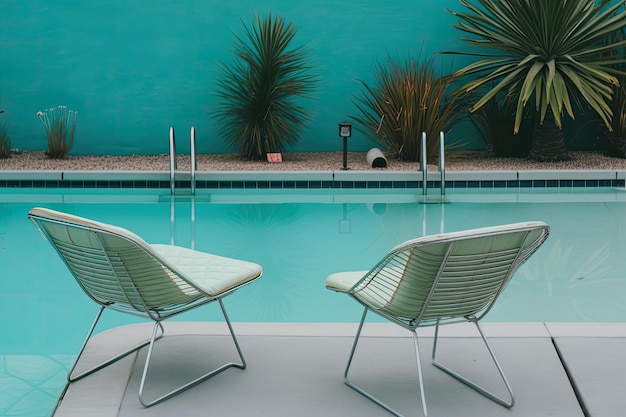 Two chairs by a sparkling swimming pool on a sunny day