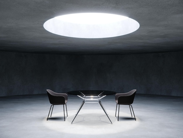 Two chairs in the dark room concrete space for interrogation 3d rendering