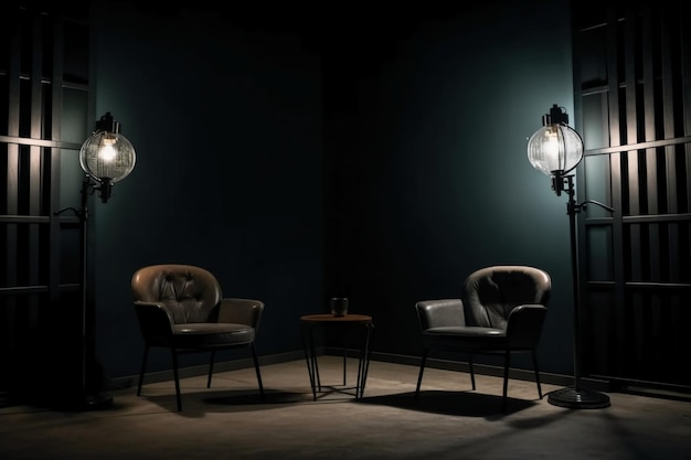 Two chairs in a dark room with a lamp on the table and a lamp on the right.