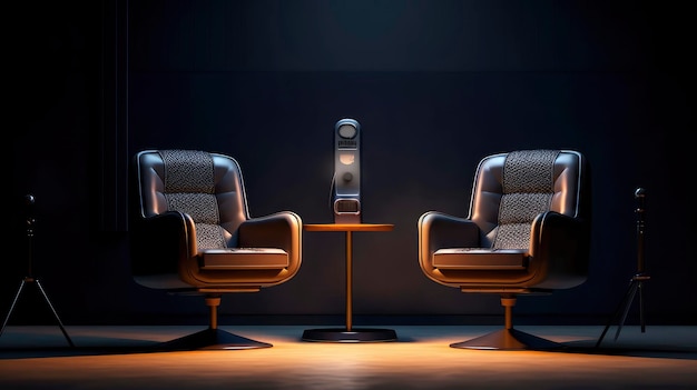 Two chairs in a dark room with a speaker on the table.