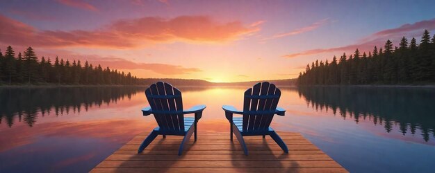 two chairs on a dock with the sunset in the background