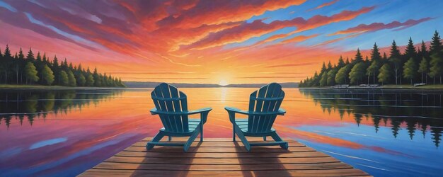 Photo two chairs on a dock with the sunset in the background