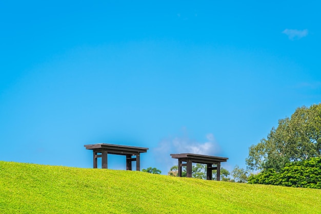 Two chairs empty on green grass at park in nature forest Mountain views spring bright blue sky weather nature abstract clear texture with white clouds summer light sun day