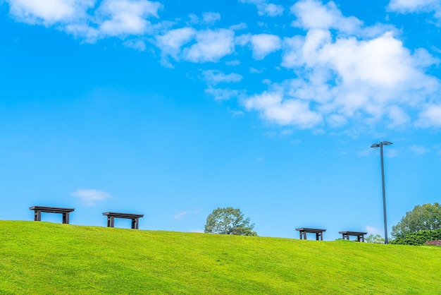 自然の森の公園で緑の芝生の上に空の2つの椅子山の景色春の明るい青空天気自然抽象的な透明なテクスチャと白い雲夏の光の太陽の日