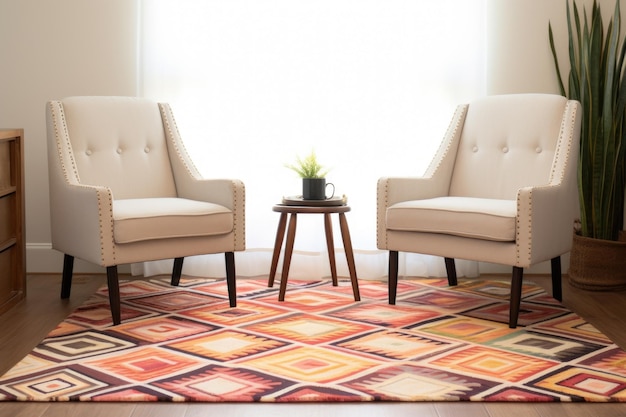 Two chairs facing opposite directions on a rug