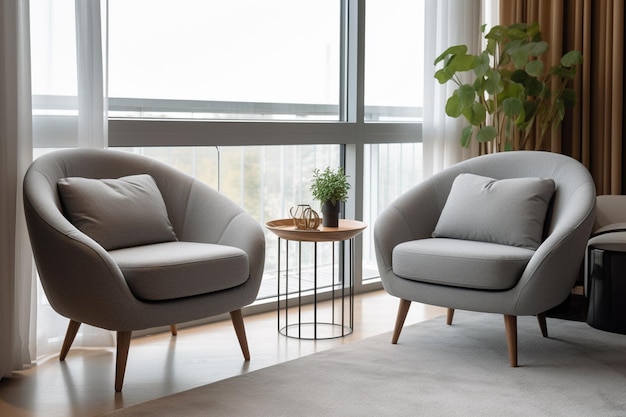 Two chairs in a living room with a plant on the window