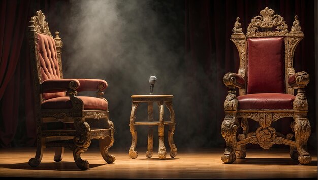 two chairs and a microphone on a stage