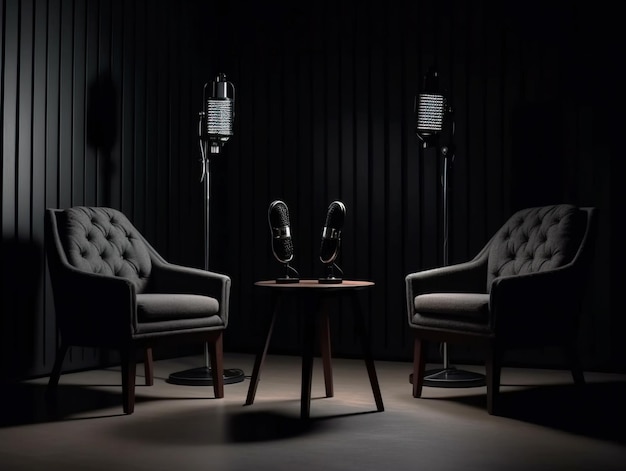 Two chairs and microphones in podcast or interview room isolated on dark background as a wide banner for media conversations or podcast streamers concepts with copyspace