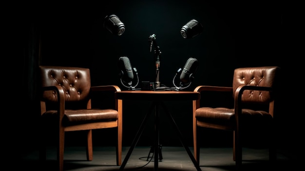 Two chairs and microphones in podcast or interview room isolated on dark background Generative AI technology