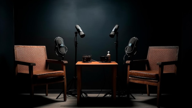 Two chairs and microphones in podcast or interview room isolated on dark background Generative AI technology