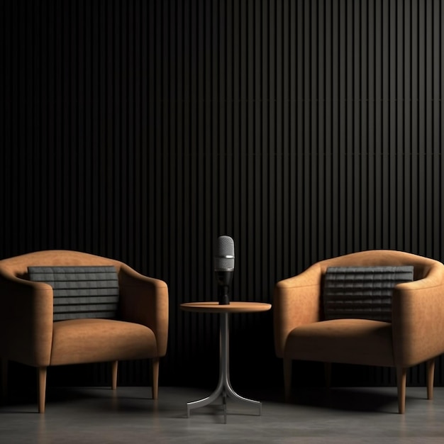 Two Chairs and Microphones in a PodcastInterview Room on a Dark Background Generative AI