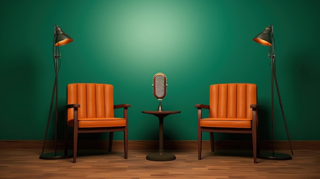 two chairs in a room with a microphone and microphones on a table