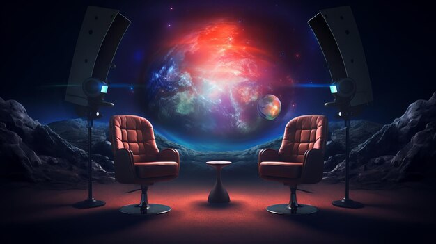 Photo two chairs sitting in a room with a view of the earth