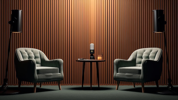 Two chairs and spotlights in podcast or interview room on dark background Generative ai