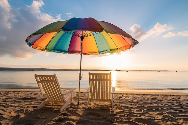 два стула на солнечном пляже у моря, концепция отдыха