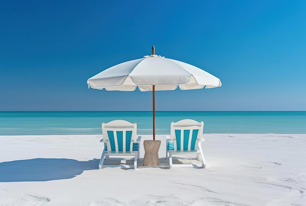 two chairs and an umbrella on a white sand beach in the style of and blue