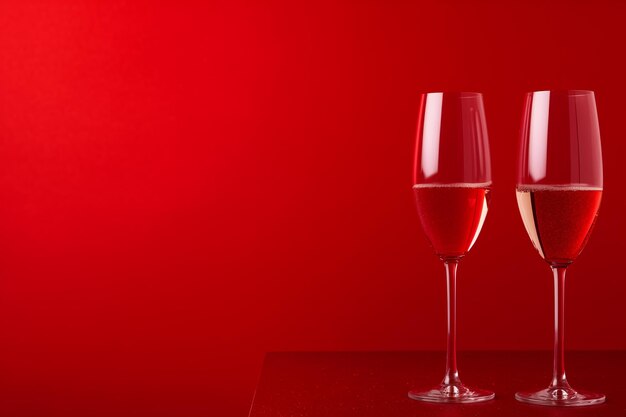 赤い背景の上に2つのシャンパンフルートグラス 聖バレンタインデーのロマンチックなバナー