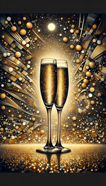 Photo two champagne flutes in front of a golden glittering background created in a collage style with ele