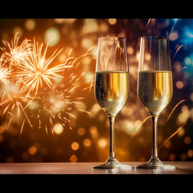 Two champagne flutes with fireworks in the background