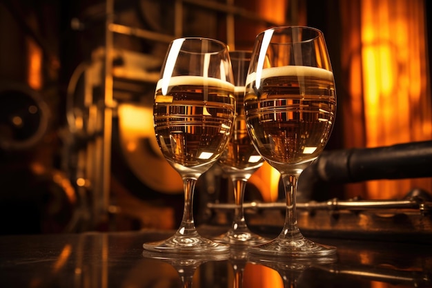 Two champagne glasses against a blurred film reel