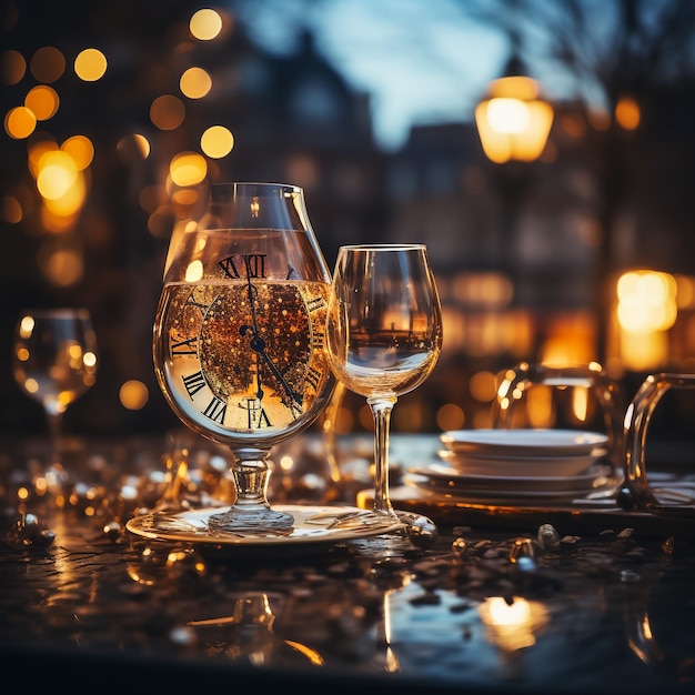 two champagne glasses against holiday lights and fireworks new year celebration