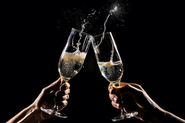 Two champagne glasses are toasting with the word champagne on them.