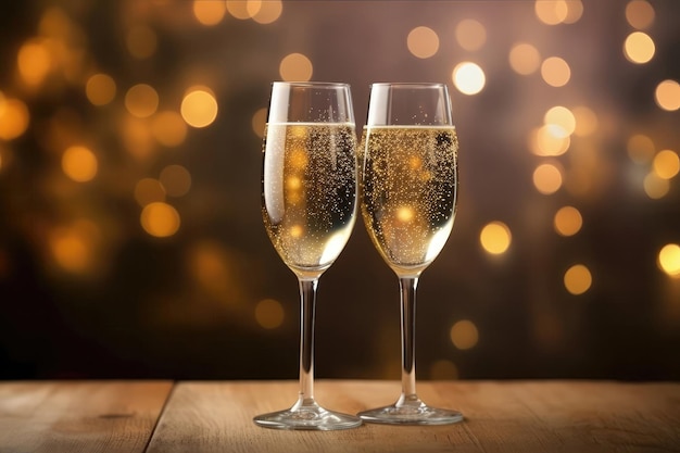 Two Champagne Glasses On Beige Background Of Fireworks In Pastel Colors Celebrating Christmas Generative AI