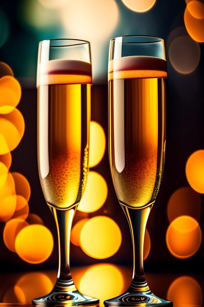 Two champagne glasses on bokeh background