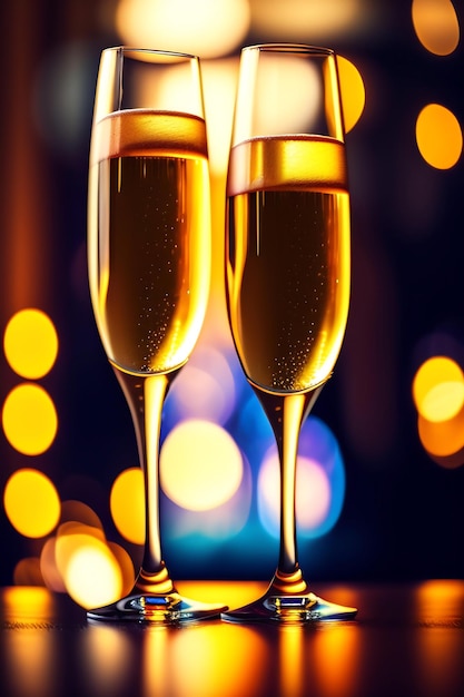 Two champagne glasses on bokeh background