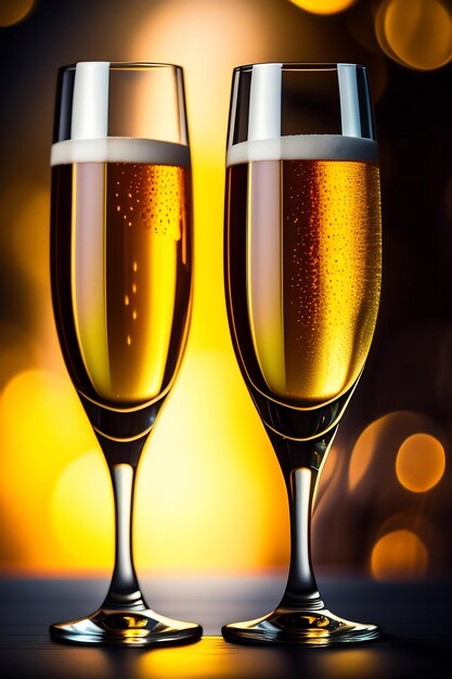 Two champagne glasses on bokeh background