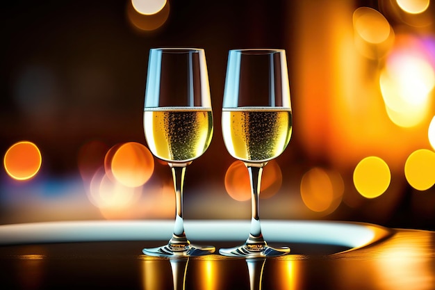 Two champagne glasses on bokeh background