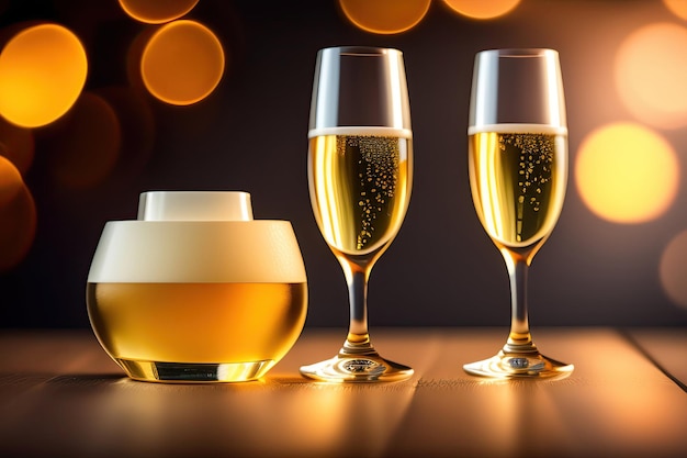 Two champagne glasses on bokeh background