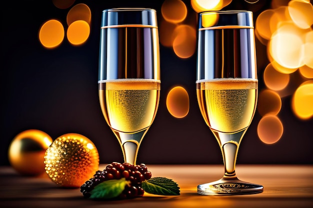 Two champagne glasses on bokeh background