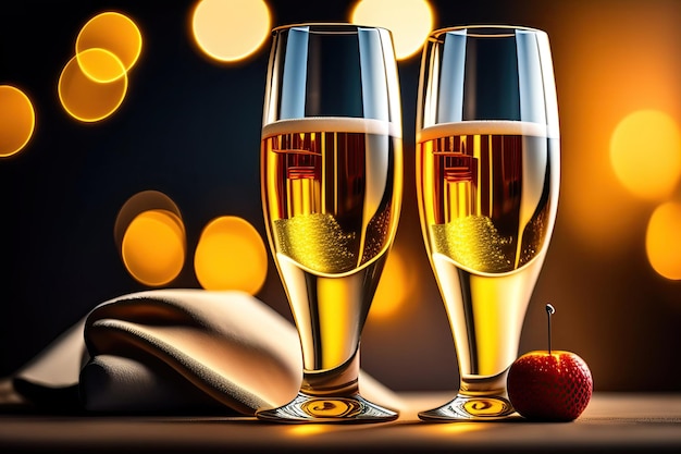 Two champagne glasses on bokeh background