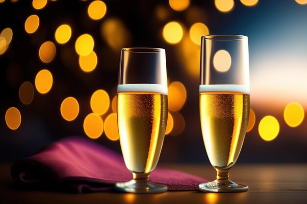 Two champagne glasses on bokeh background