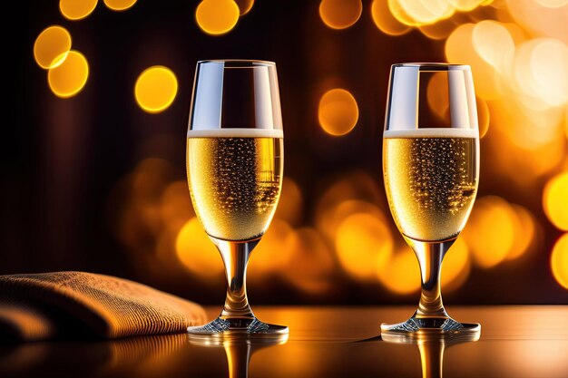 Two champagne glasses on bokeh background