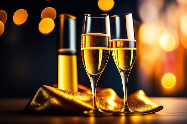 Two champagne glasses on bokeh background