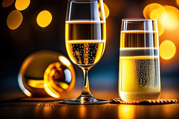 Two champagne glasses on bokeh background