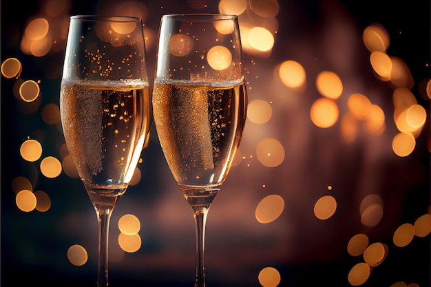 Two champagne glasses on a bokeh light background ready for New Year celebrations
