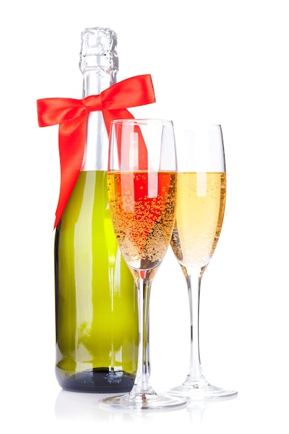 Two champagne glasses and bottle with ribbon