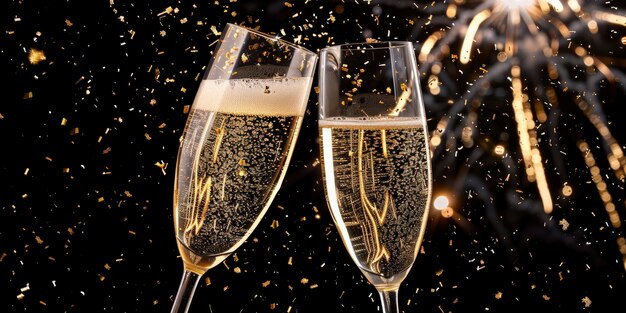 Two champagne glasses clinking with golden bubbles on a black and glittery bokeh background