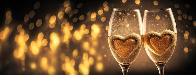 Two champagne glasses on golden bokeh romantic banner Generative AI illustration